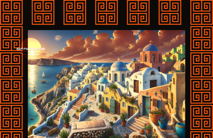 Greek Key pattern framing a painting of coastal city during sunset